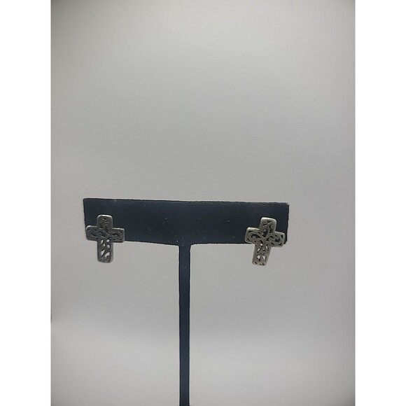 Vintage Earrings Pierced Post Stud Cross Cutout Silver Tone Jewelry Costume - Picture 4 of 12